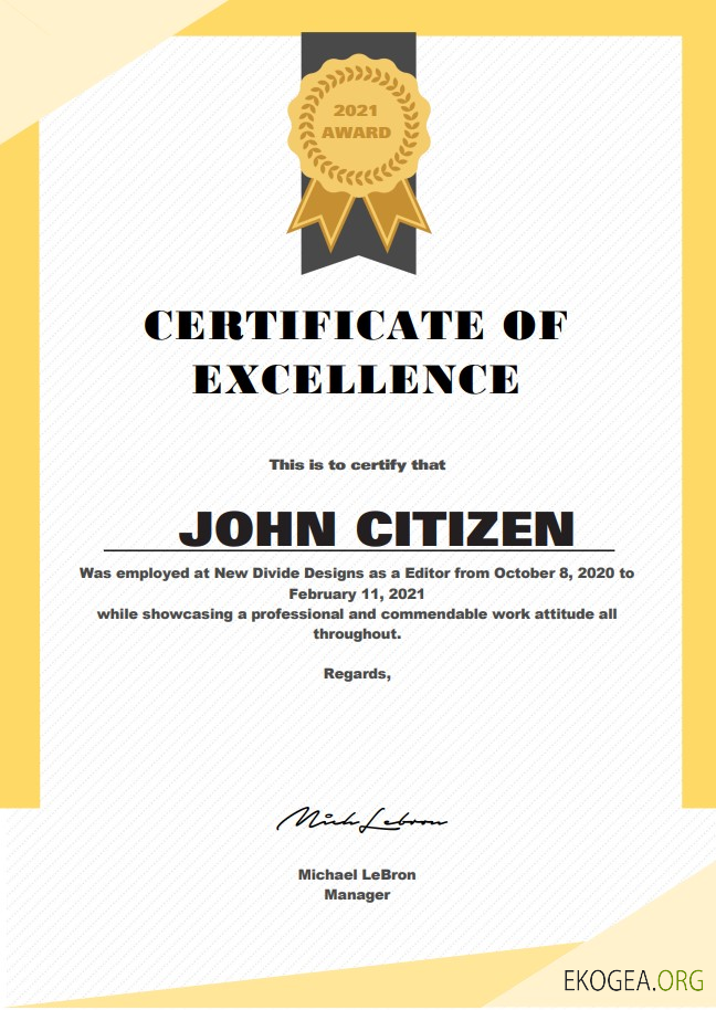 Certificat d'excellence aux États Unis